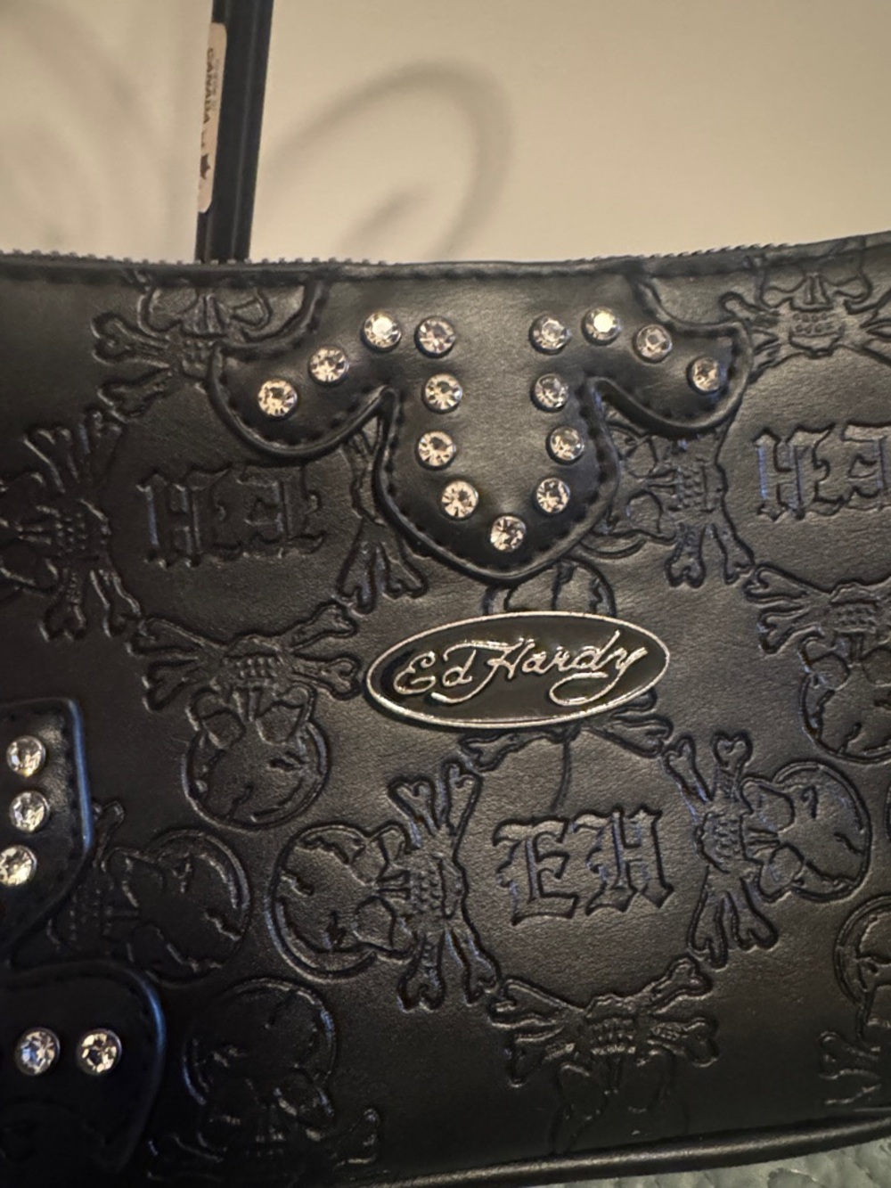 Ed Hardy Black Embossed Stud Accent Shoulder Bag - NWT - Picture 2 of 5